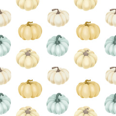 Seamless pattern of hand drawn white and blue pumpkins on a white background