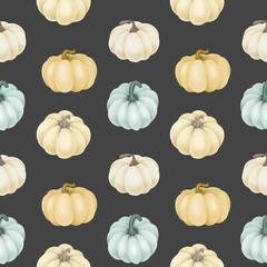 Seamless pattern of hand drawn white and blue pumpkins on a dark background