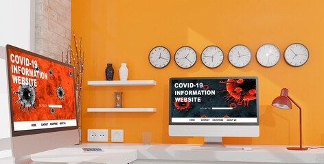 Desktop computer on the table of the office mockup 3d rendering. 3d illustration. Covid-19 information online