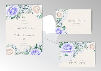 Wedding Invitation Card Set Template with Elegant Hand Drawn Floral and Watercolor