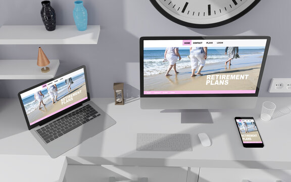 Workspace at home with a desktop computer 3d rendering mockup.3d illustration. Retirement concept