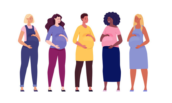 Set Of Beautiful Pregnant Women Hugging Their Big Bellies. Illustration. Vector In A Flat Cartoon Style.