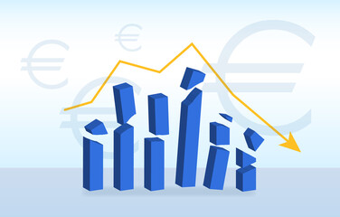 Euro zone recession graph. Economy and business crisis illustration. 