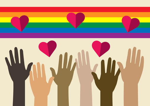 LGBT people rise up for free love. Homosexual community united and solidarity. Hearts and hands. Giving love.