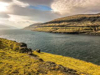 Amazing view in Faroe Islands (Denmark, Europe). Beautiful Panoramic Scene Of Nordic Islands