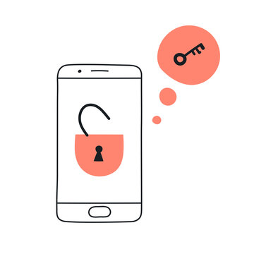 Mobile phone with an open padlock on the screen and a dream bubble above the smartphone with a key. Mobile security, password, access, protection, user authorization, login. Flat outline vector icon