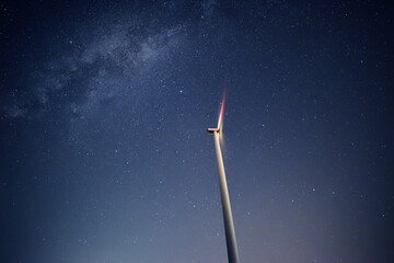 Wind turbine against the background of the starry sky and the milky way. Night photo.