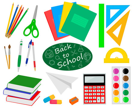 Set back to school vector illustration. Stationery items paint pencils notebooks paper plane scissors sharpened calculator books ruler