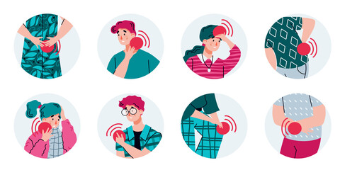 People with acute pain syndrome touching painful body spots with red pulsating point - isolated medical vector illustration collection