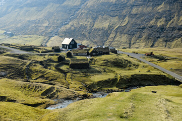 Amazing view in Faroe Islands (Denmark, Europe). Beautiful Panoramic Scene Of Nordic Islands