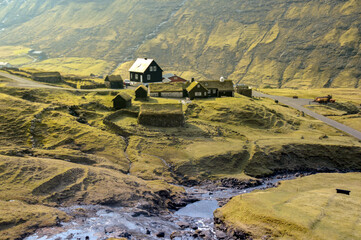 Amazing view in Faroe Islands (Denmark, Europe). Beautiful Panoramic Scene Of Nordic Islands