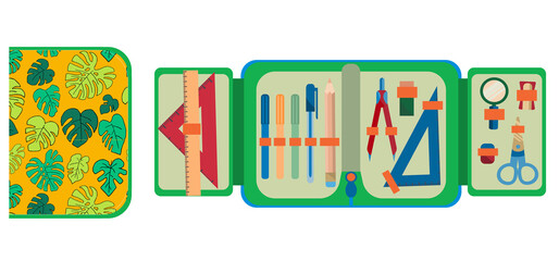 Set of school accessories. Сartoon pencil case for school children. Closed and opened pencil box with essentials - pen, pencils, scissors. Vector illustration in flat style.
