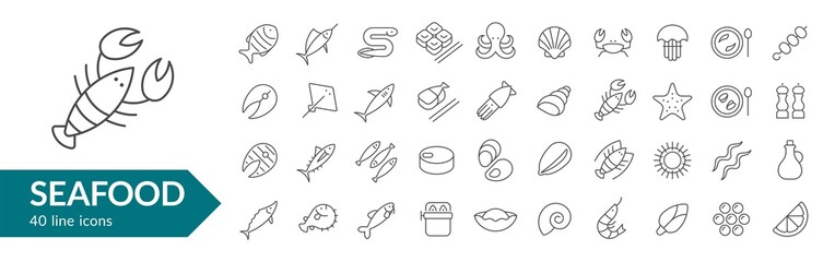 Seafood line icon set. Isolated signs on white background. Vector illustration. Collection