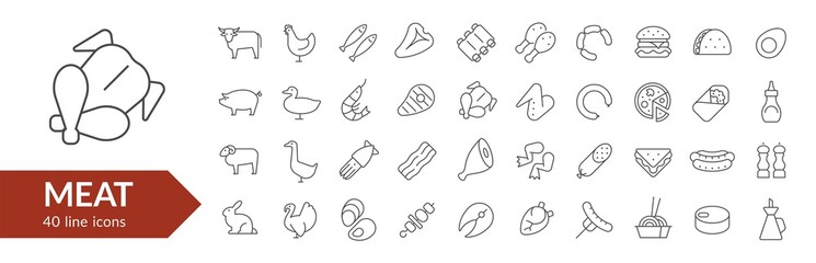 Fototapeta Meat line icon set. Isolated signs on white background. Vector illustration. Collection obraz