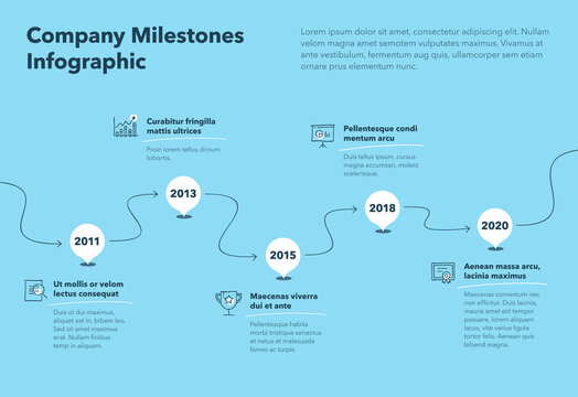 Modern company milestones timeline template with hand drawn icons and arrows - blue version. Easy to use for your website or presentation.