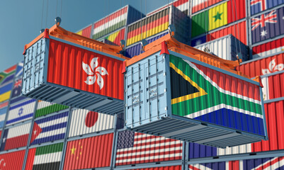Freight containers with Hong Kong and South Africa flag. 3D Rendering 