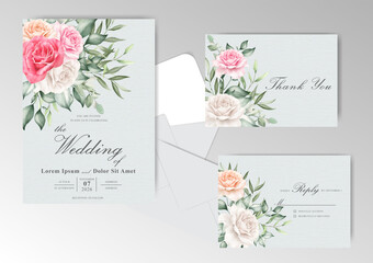 Wedding Invitation Card Set Template with Elegant Hand Drawn Floral and Watercolor