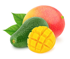 Composite image with avocado and mango isolated on a white background.