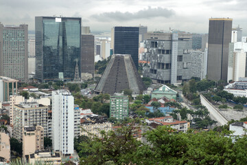 Rio de Janeiro, Brazil - August 20, 2018: view on the city centre and cathedral from ruins park in Santa Teresa