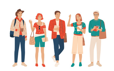 Obraz premium Set of young men and women, different colors, cartoon character, group of silhouettes of standing and business people, students with a books, the design concept of flat icon