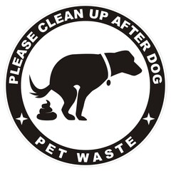 Clean up after your dog, black silhouette of dog with excrement at circle black frame at white background, vector illustration