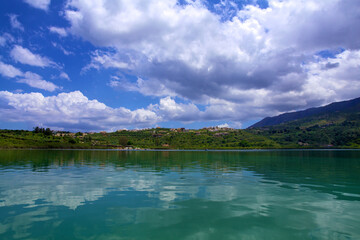 Panoramic view of the island of Crete in Greece. View of the coastline, settlement, green island...