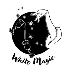White Magic. Hand performing magical gestures and levitating glasses. Black and white drawing isolated on black background. EPS10 vector illustration. - obrazy, fototapety, plakaty