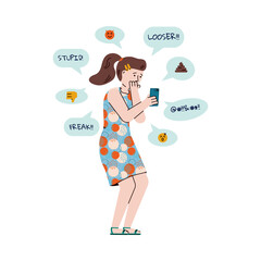 Young girl or teen getting bullying messages on phone, flat cartoon vector illustration isolated on white background. Victim of cyberbullying oppression and aggression.