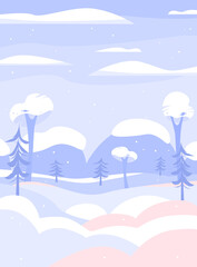 Winter Christmas landscape card or banner with snowy country nature and trees, flat cartoon vector illustration. Winter weather scenery in soft pink and blue tints.