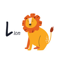 Funny image of lion and letter L. Zoo alphabet collection.