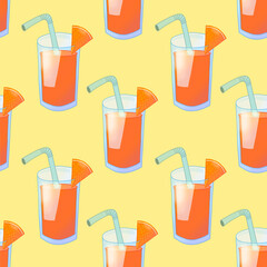 Seamless pattern with orange cocktail glasses with orange slices. Hand drawn illustration on yellow background.