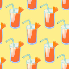 Seamless pattern with orange cocktail glasses with orange slices. Hand drawn illustration on yellow background.