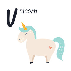 Funny image of unicorn and letter U. Zoo alphabet collection.