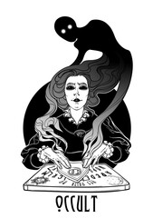 Occult practices. Victorian woman talking to spirits of the death with help of ouija. Black and white drawing isolated on white background. EPS10 vector illustration.