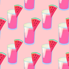 Seamless pattern with pink cocktail glasses with watermelon slices. Hand drawn illustration on pink background.
