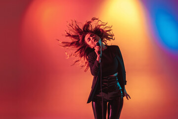 Elegance. Young caucasian inspired and expressive musician, female singer performing on...