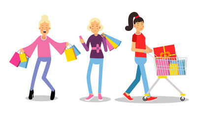 Woman Characters Carrying Bright Shopping Bags Vector Illustration Set