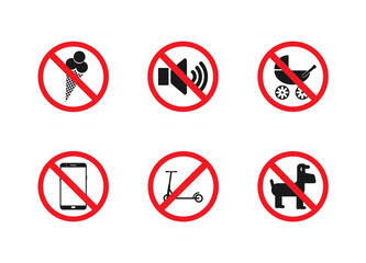 Set of signs prohibiting entry into the premises: ice cream, phone on, baby carriage, scooter, animals, loud sounds.