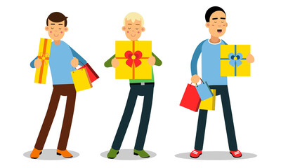 Man Character Carrying Bright Shopping Bags and Gift Boxes Vector Illustration Set