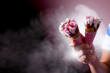 Cone ice cream strawberry and cream photography, holding, hand © MILJU