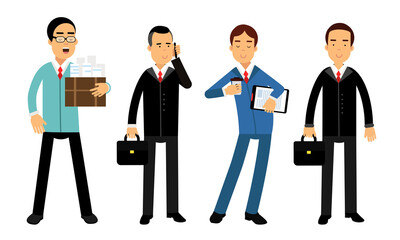 Businessmen Characters Wearing Formal Suits Carrying Folder and Suitcase Vector Illustration Set