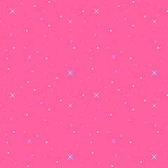 Pixel art cute feminine seamless pattern. Shining sparkles on a pink background.