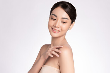 Beautiful Young asian Woman with Clean Fresh Skin, on white background, Face care, Facial treatment, Cosmetology, beauty and spa, Asian women portrait