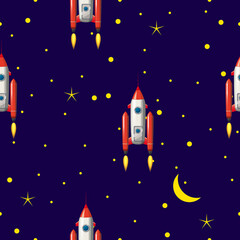 Seamless Rocket pattern, stars and space
