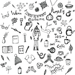 Set of 55 vector Doodle autumn sketches