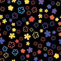 Fototapeta na wymiar Vector seamles pattern small orange, yellow blue flowers on a black