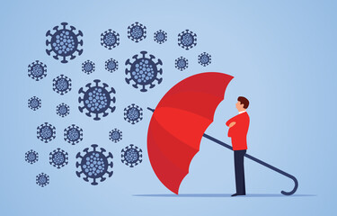 Umbrella protecting merchants immune novel coronavirus pneumonia infection. Vector flat design illustration.