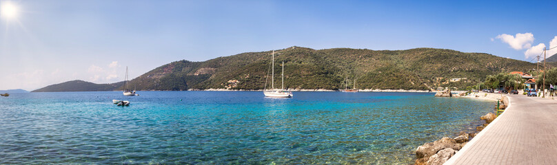 Fototapeta na wymiar Panoramic photo of Poros bay and Mikros Gialos beach on Lefkada island, Greece