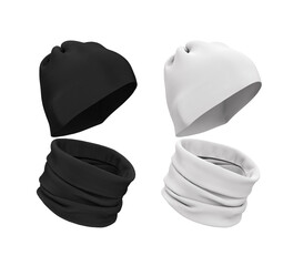 Buff on the neck and on the head. Option to wear. Hat and scarf. Blank black and white mockup, template. 3d illustration of clothes isolated on a white background.