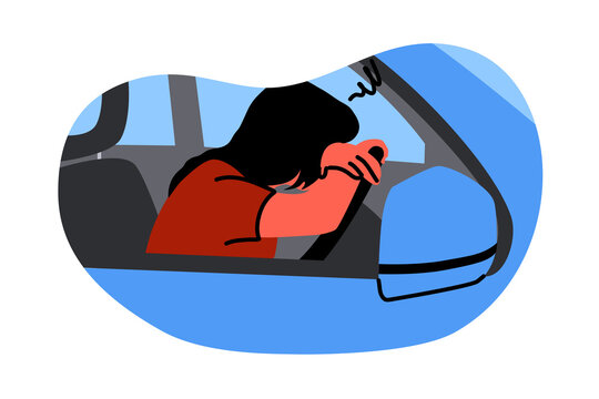 Mental stress, frustration, depression, fatigue, sleep concept. Young unhappy depressed stressful frustrated woman driver character sleeping on steering wheel. Annoyance about stucking in car traffic.